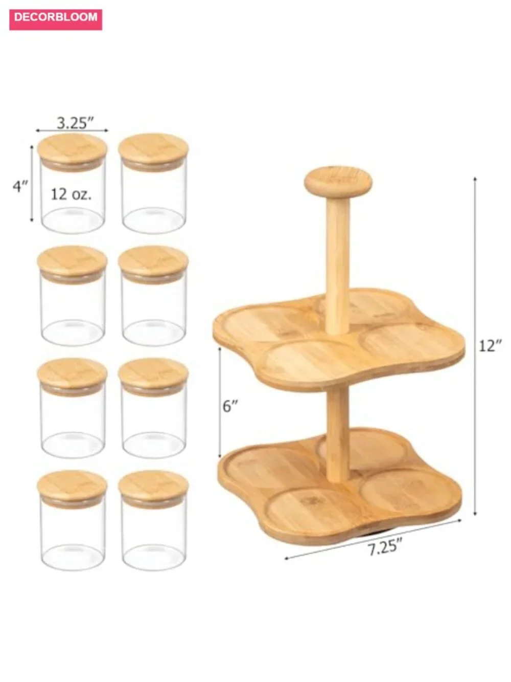 Two-Tier Bamboo Lazy Susan Turntable with 8 Airtight Glass Jars Spice Rack